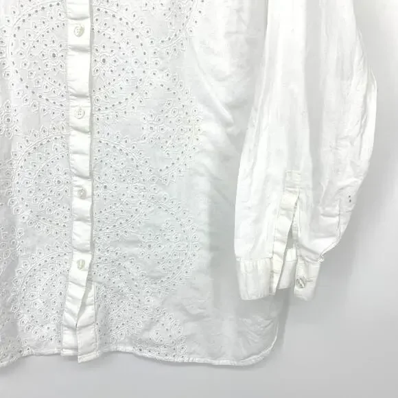 J Jill White Eyelet Embroidered Button Front Blouse Womens Large Cotton Boho Top - Picture 4 of 6